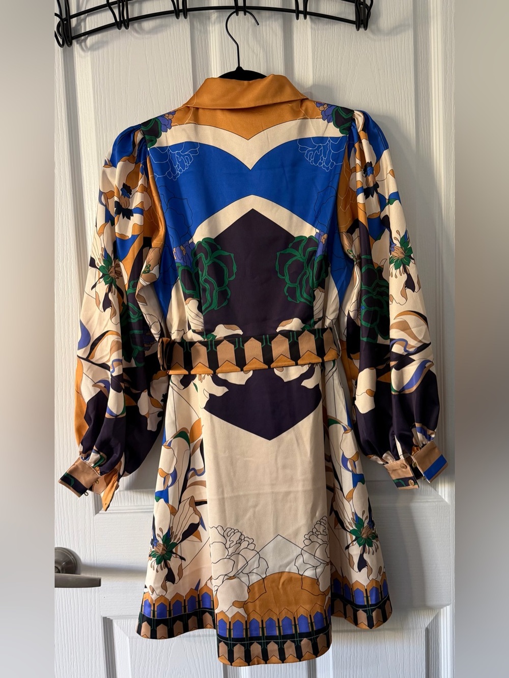 Long Sleeve Floral Geometric Mini Dress in Blue & Cream